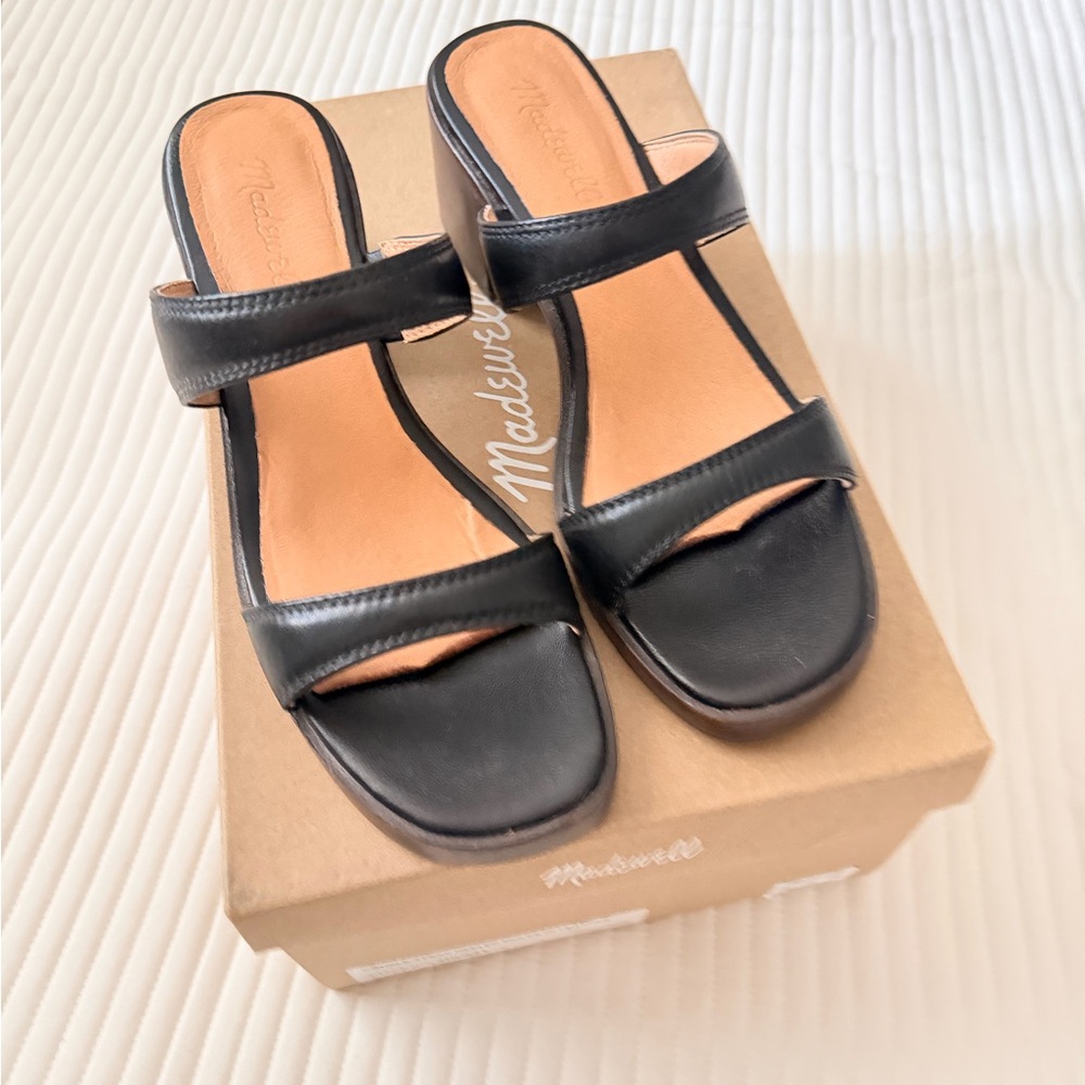 Madewell Saige Double Strapped Heeled Mules Leather Black Leather Sandals - Picture 2 of 7